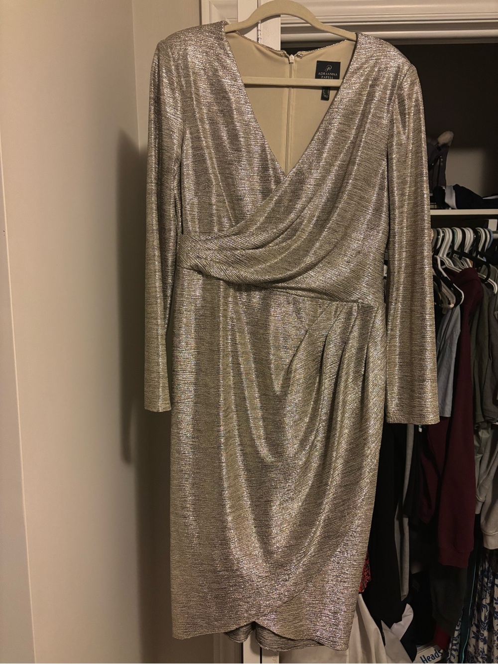 Adrianna Papell Silver Metallic Draped Wrap-Front Long Sleeve Dress